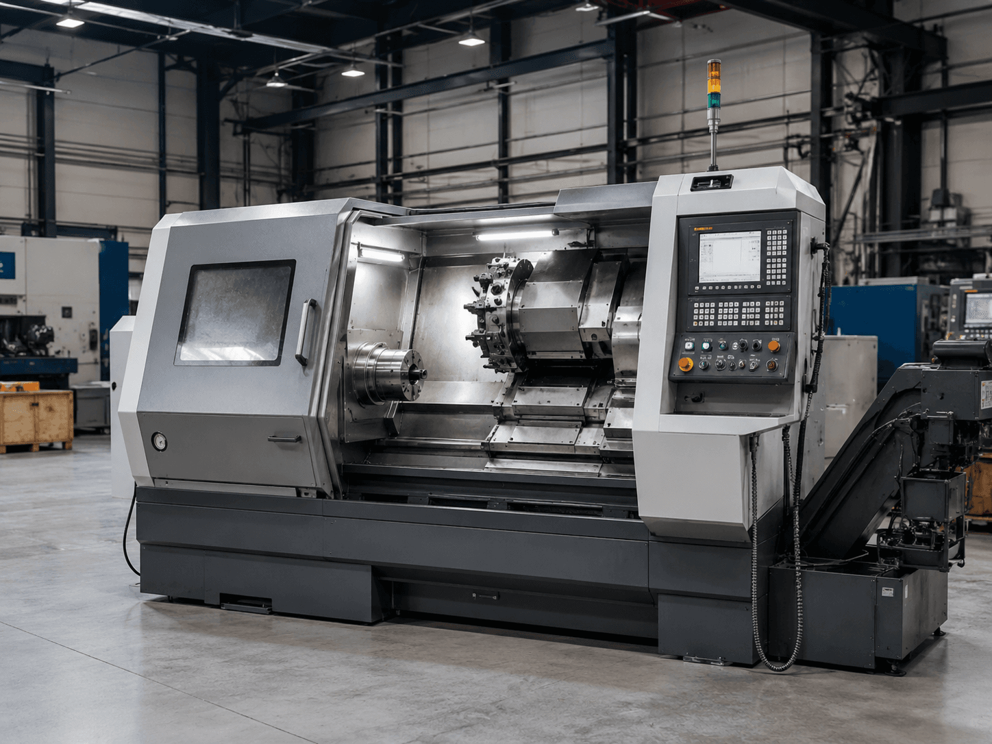 CNC-Drehmaschine in moderner Fertigungshalle